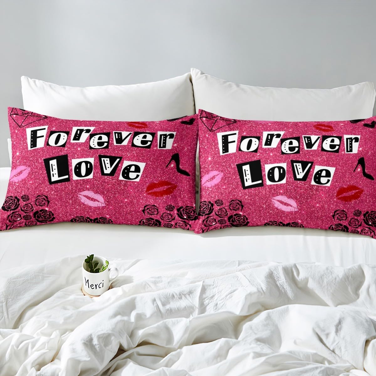 Erosebridal Love Couple Queen Bed Sheets Sexy Lips Fitted Sheet,Romance Rose Kids Bedding Sets Glitter Lipstick Modern Art Sheets with 2 Pillowcases (No Real Sequins)