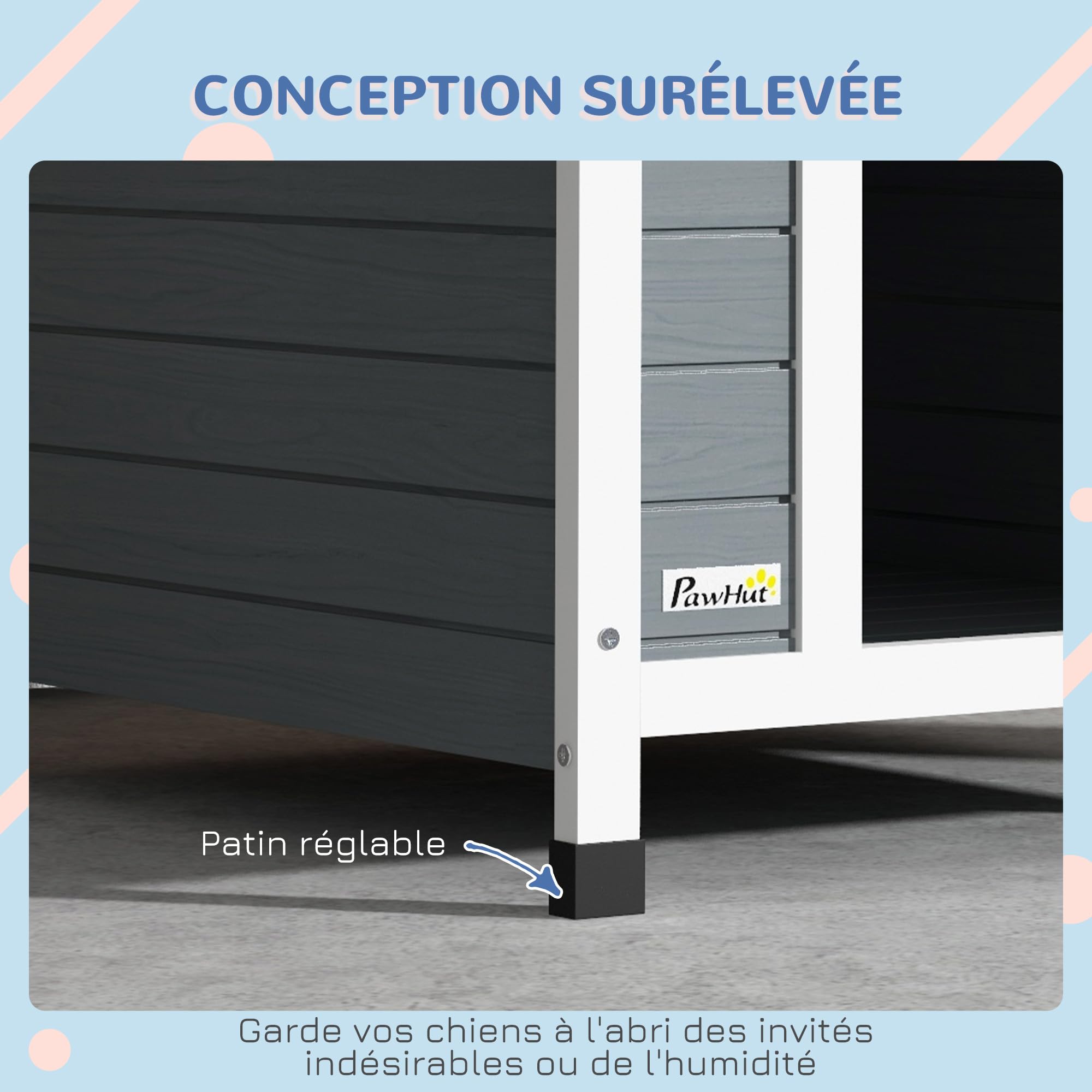 PawHut - Casero de Perro Exterior de Madera, con Suelo extraíble, Patas de plástico Ajustables en Altura, para Perros de tamaño Mediano, 75 x 88 x 82 cm, Color Gris