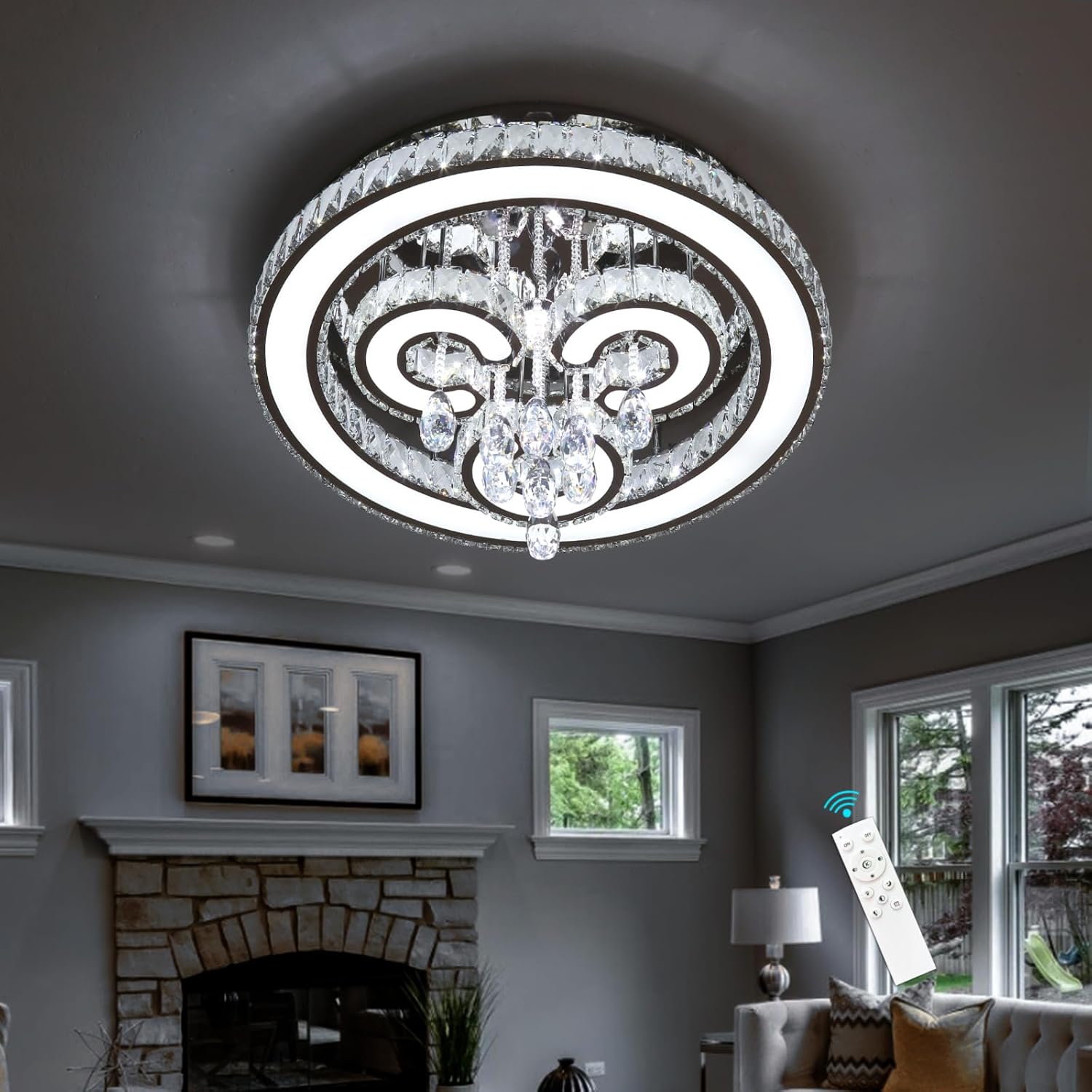 HAIXIANG Modern Glam Chandelier LED Crystal Light Interior Luxury Ceiling Chandeliers Remote Dimmable Lights Fixture 24 Inches Silver Light