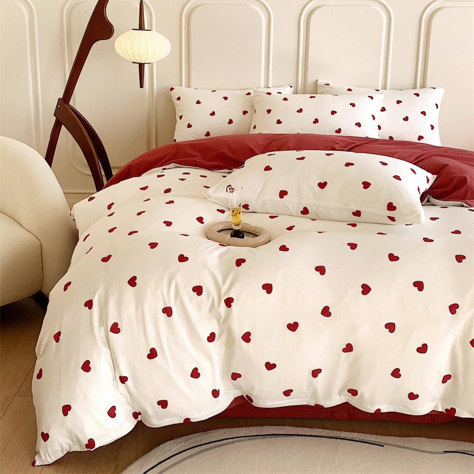 Freyamy Housse de Couette 200x200cm+2 Taie d'oreiller 65x65cm Coeur Imprimé Rouge Blanc Parure de lit 2 Personnes Adulte Motif du Cœur Sets de Housse Couette en Microfibre avec Fermeture Éclair