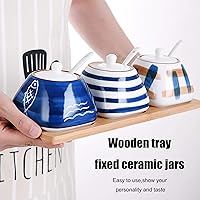 Vista 4 de Recipiente de especias de porcelana con juego de 3 recipientes de condimentos de cerámica con cuchara de servir y tapa de cerámica, bandeja de bambú