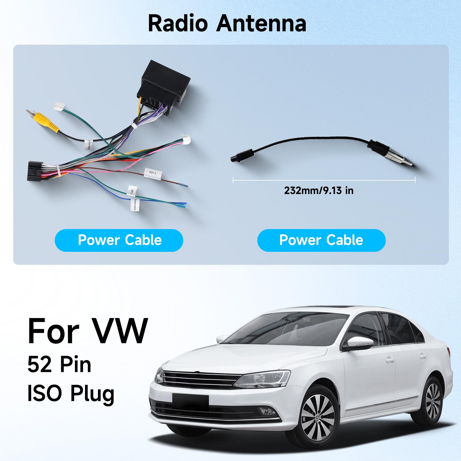 52 Pin Adattatore Cavo Connettore ISO Convertitore Autoradio per VW Golf Passat Tiguan Polo Touran Skoda Seat con Linee di Controllo del Volante e Antenna Radio, Standard Adattatore ISO Cavo 52 Poli