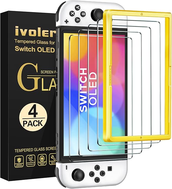 ivoler 4 Pack Screen Protector Compatible with Nintendo Switch OLED Model 7 '' 2021, Tempered Glass Protection Film - without air bubbles -Ultra Resistant Hardness 9H