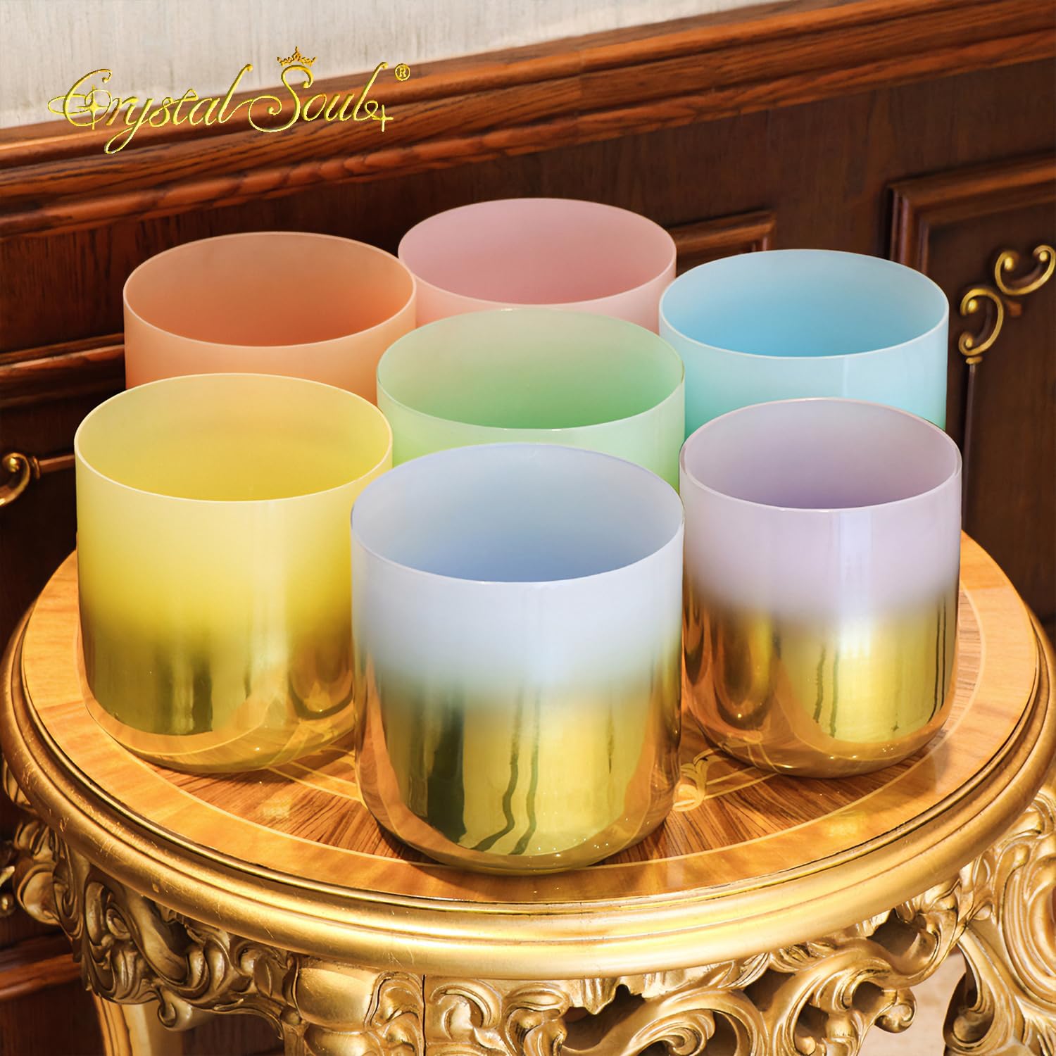 Crystal Soul Sacred Gold Kristall-Klangschalen-Set, CDEFGAB, 14 - 17,8 cm