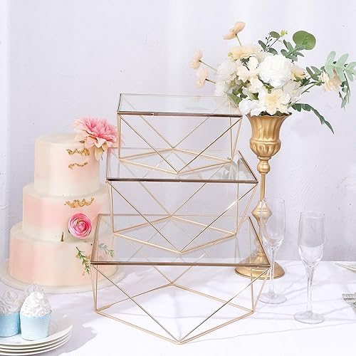 Miniatura 7 de Efavormart - Juego de 3 soportes geométricos de metal para tartas doradas con parte superior de cristal, acabado metálico brillante para postres,