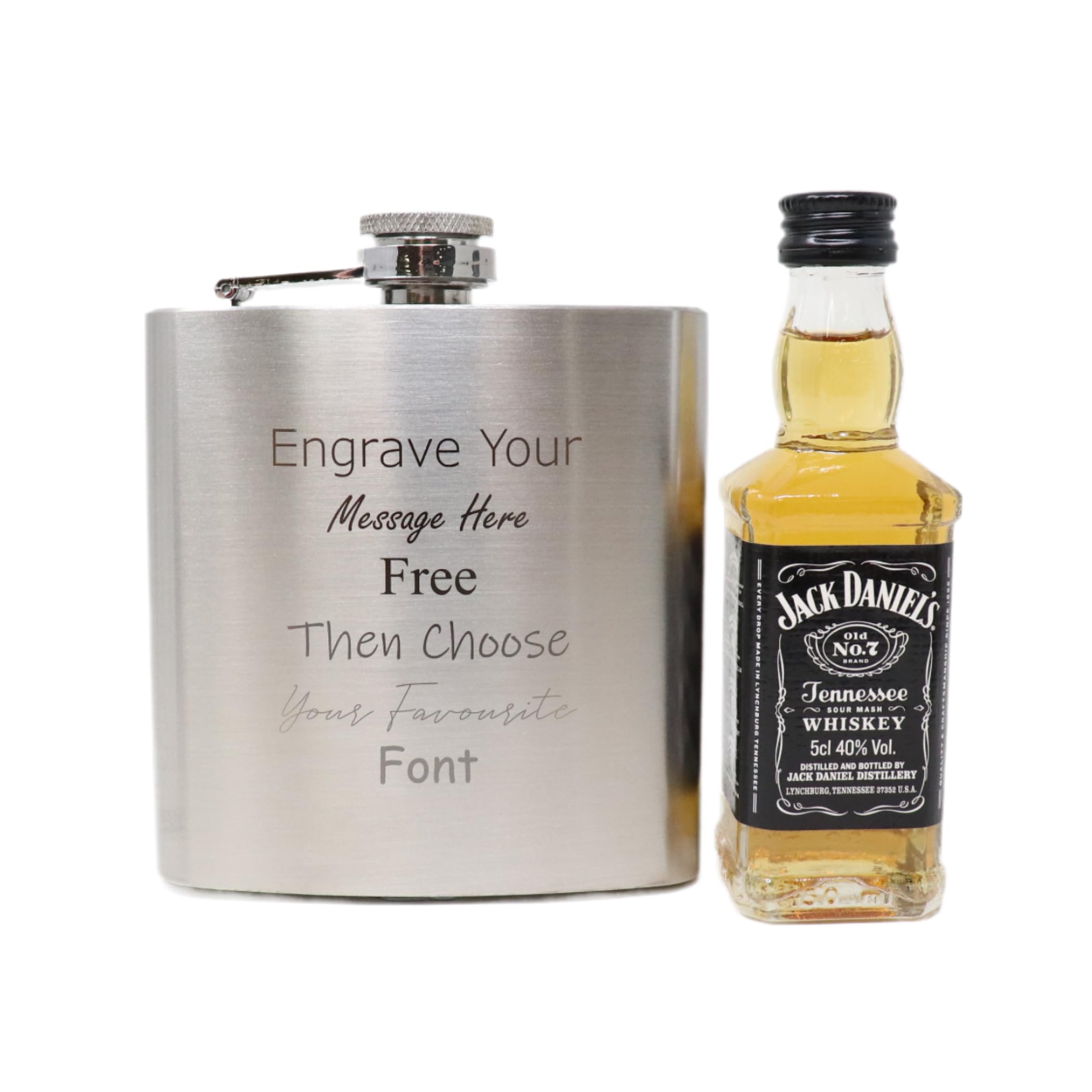 Personalised Silver Hip Flask & Miniature Alcohol (Tennessee Whiskey/No Gift Box)