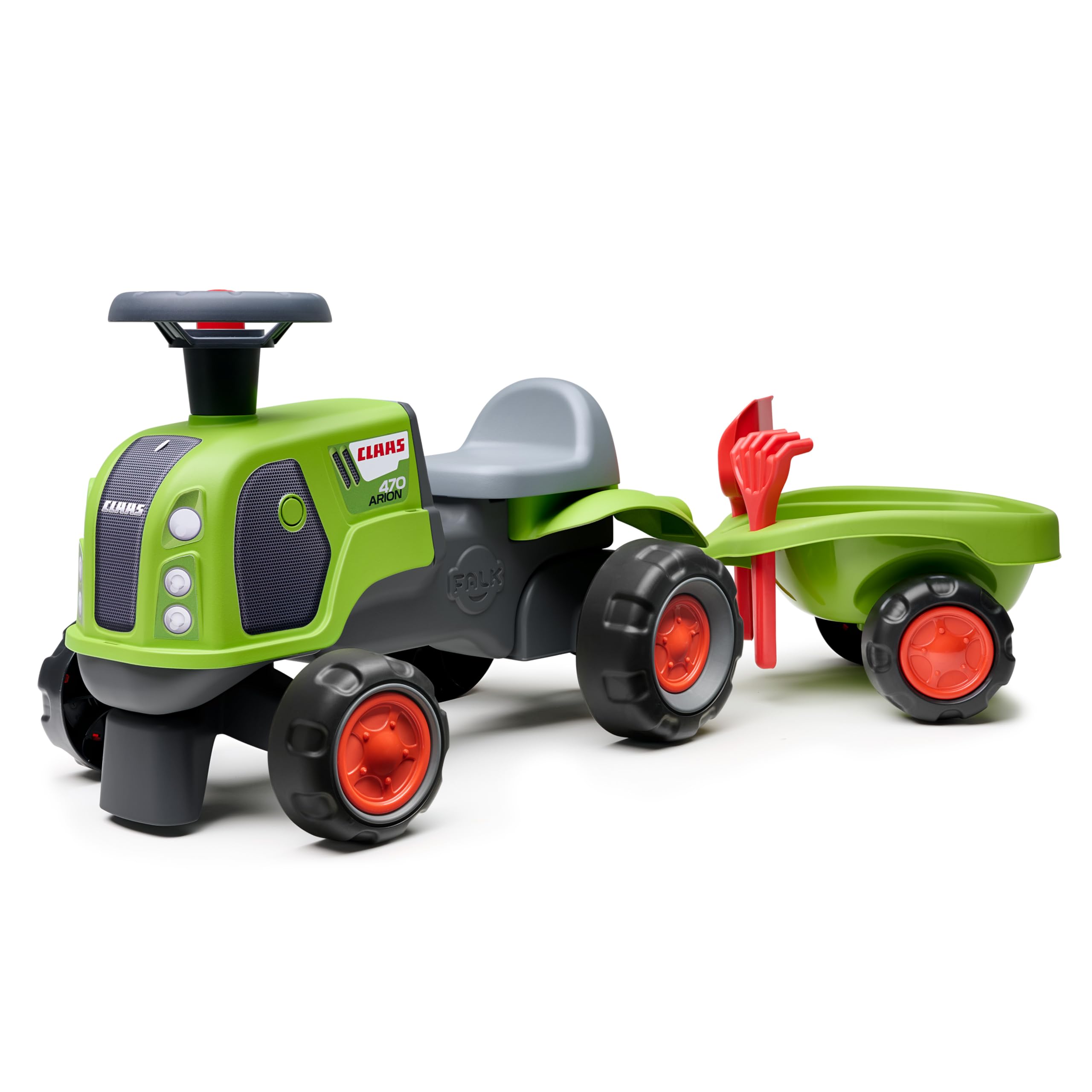 FALK Traktor Claas – Grün – leise Räder – Lenkrad mit Hupe – Anhänger mit Zubehör – 90% recycelter Kunststoff – 100 ab 12 Monaten – 312CS