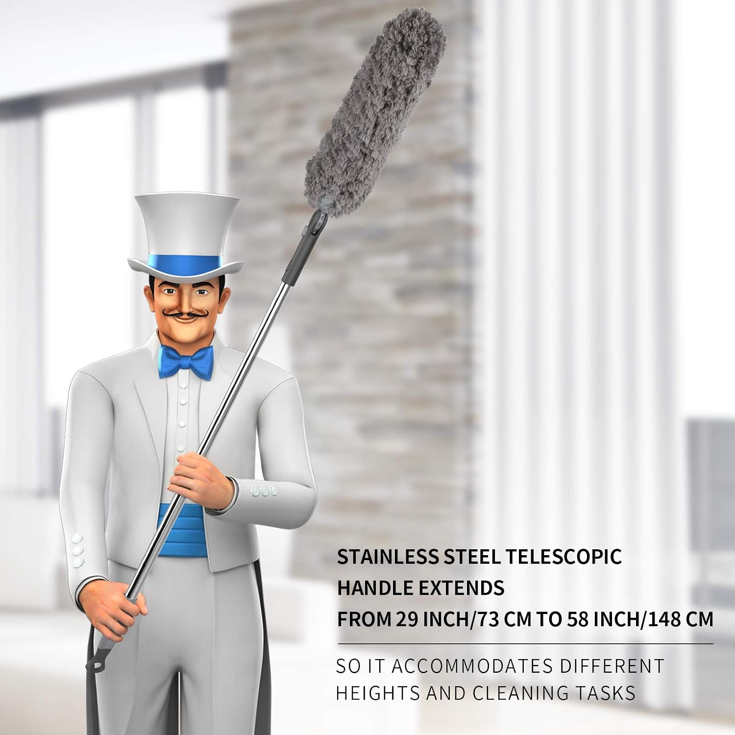 MR.SIGA Lint Free Microfiber Extendable Duster, Stainless Steel Handle, Washable Duster for Household Cleaning, Grey