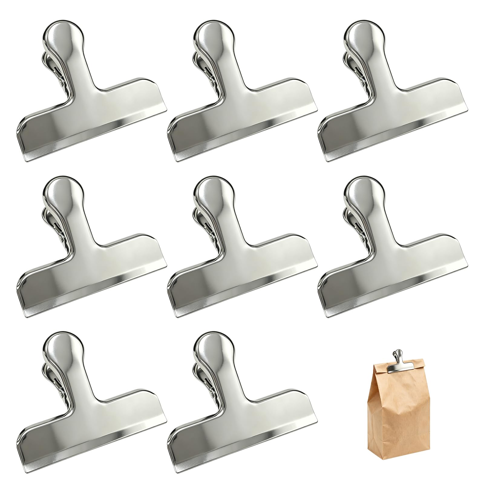 8 pcs Stainless Steel Chip Bag Clips, VEINARDYL 3" Heavy-Duty Food Clip, Air Tight Seal Grips Coffee Snack Bag Clamps for Office Kitchen Storage Home Use - Silver