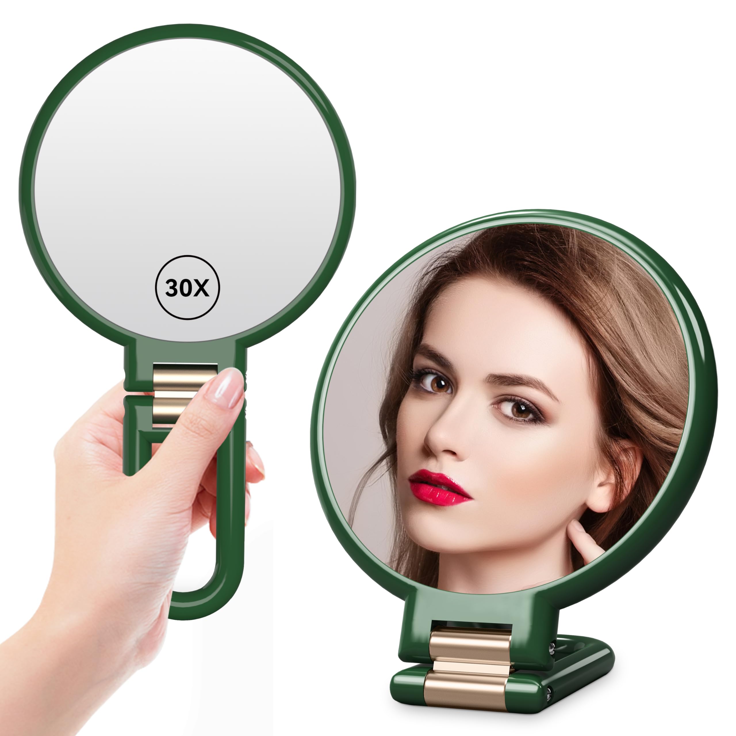 Auxmir Specchio Ingranditore Bifacciale 30X/1X, Specchio a Mano 14CM, Alta Definizione, Portatile, Pieghevole, Appendibile, Specchio Trucco da Viaggio per Trucco, Cura del Viso, Verde