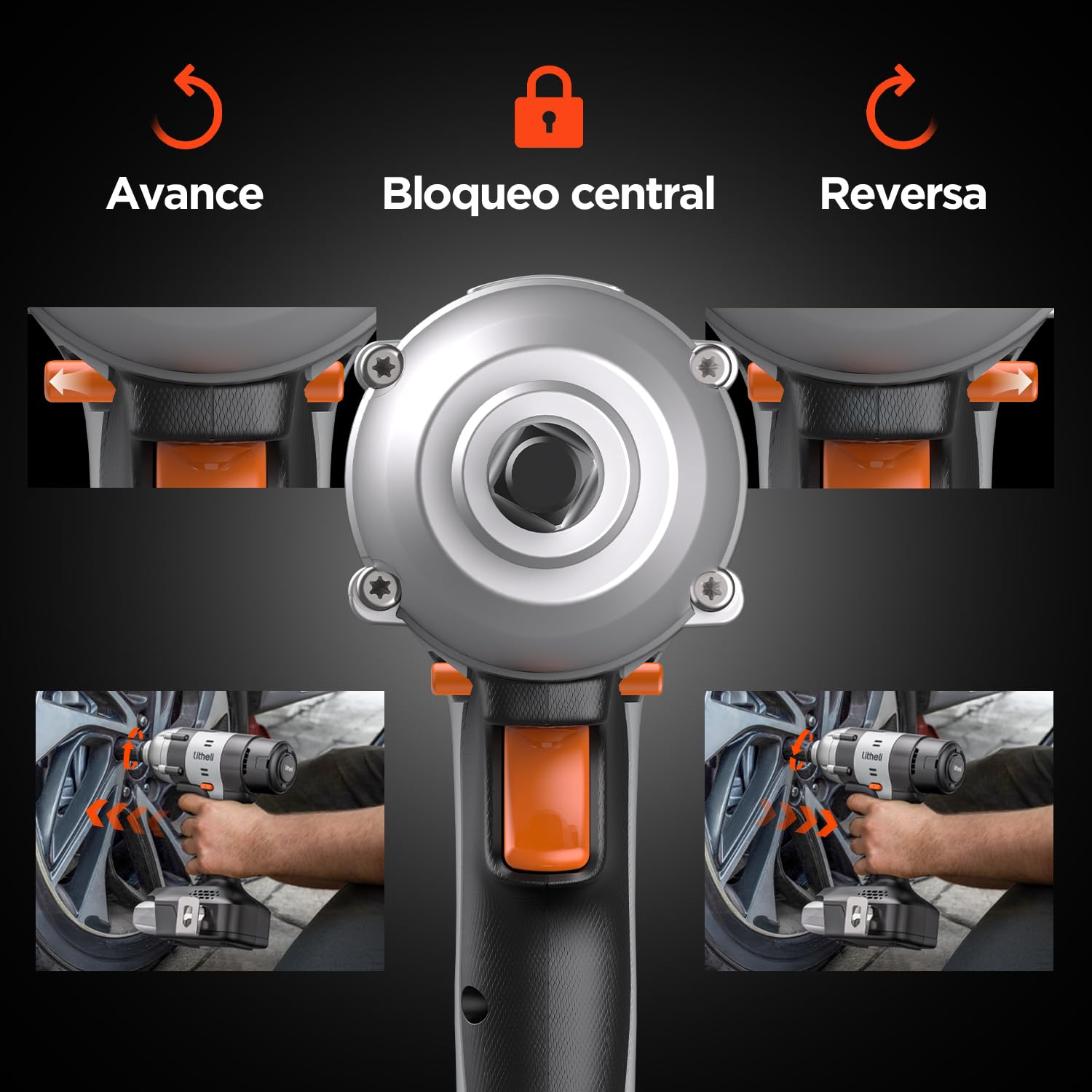 Litheli Llave de impacto con batería, par de torsión de 400 Nm, con batería de 2,0 Ah, llave de impacto de 1/2 pulgadas con luz LED, velocidades variables para casa, coche, muebles de bricolaje