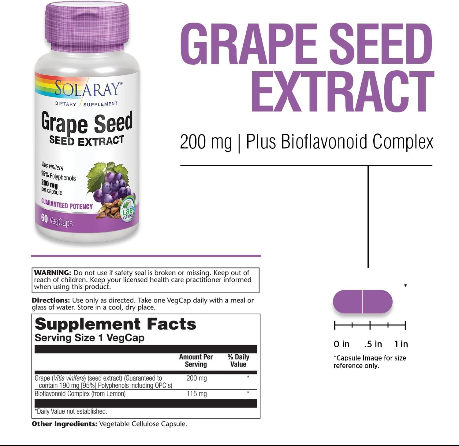 SOLARAY Grape Seed Extract 200 mg Plus Bioflavonoid Complex | Healthy Cardiovascular & Blood Vessel Support | 60 VegCaps - Image 2