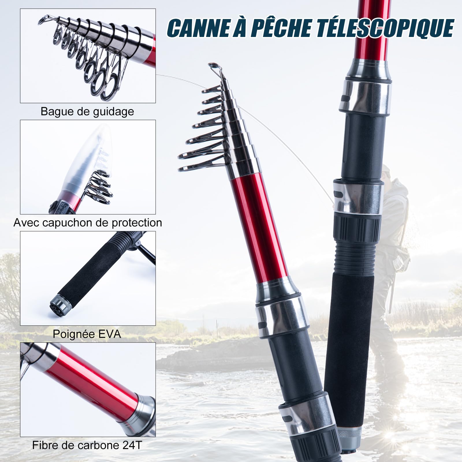 Goture Ensemble de Pêche avec 2 Canne à Pêche Télescopique, Ensemble Complet de d'outils de Pêche et d'appâts avec 2 Moulinet de Pêche 5,2:1 et Sac de Transport - pour la Pêche en Eau salée/Eau Douce