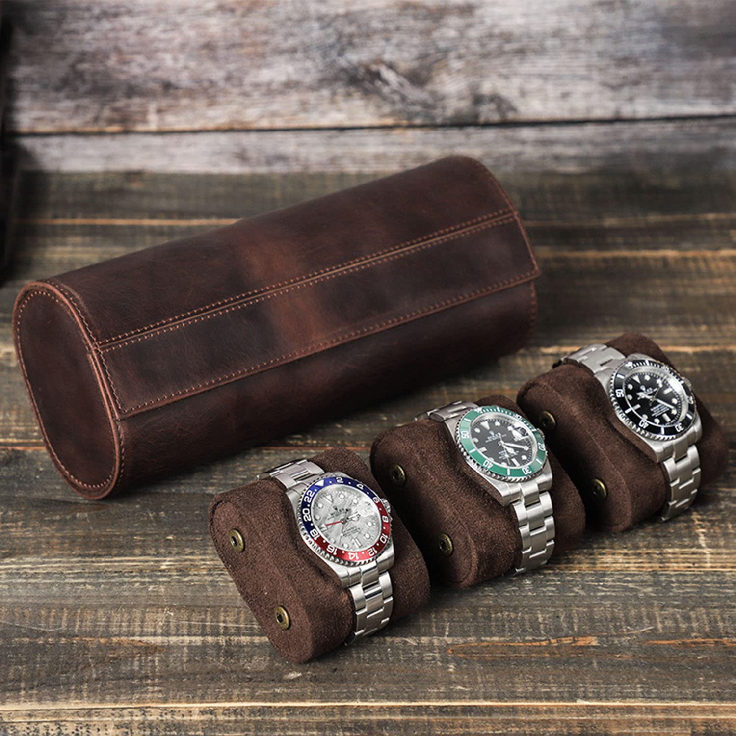 Estuche De Cuero Para Relojes - Estuche De Viaje Ovalado Para Relojes - Organizador Para Guardar Y Exponer 3 Relojes, Estuche Portátil Para Relojes De Exterior - Marrón