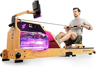 Sportstech Premium rameur à Eau avec réservoir LED, Pliable |Entreprise Allemande de qualité | Application avec Cours d'entraînement+Support Tablette | Rameur en Bois Massif Naturel WRX1000