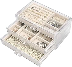 Rokrist Jewellery Box with 3 Drawers Acrylic Velvet for Earrings, Rings, Necklaces, Bracelets, Organizer, Gift for Women (Beige)