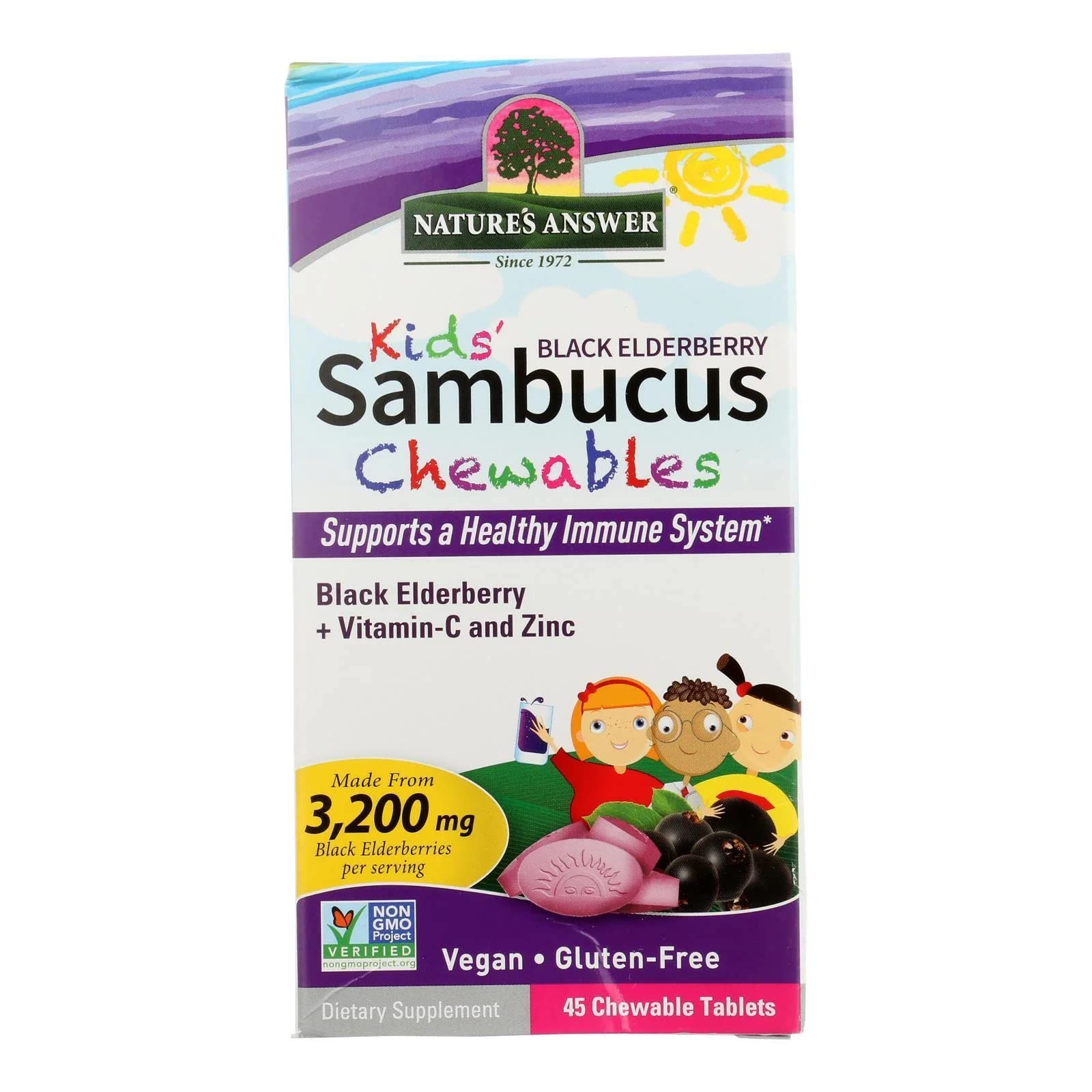 Nature's Answer Kids Sambucus Chewables 3200 mg, 45 Tablets - Black Elderberry with Vitamin C and Zinc - Great Tasting Immune System Support - Vegan, Gluten Free