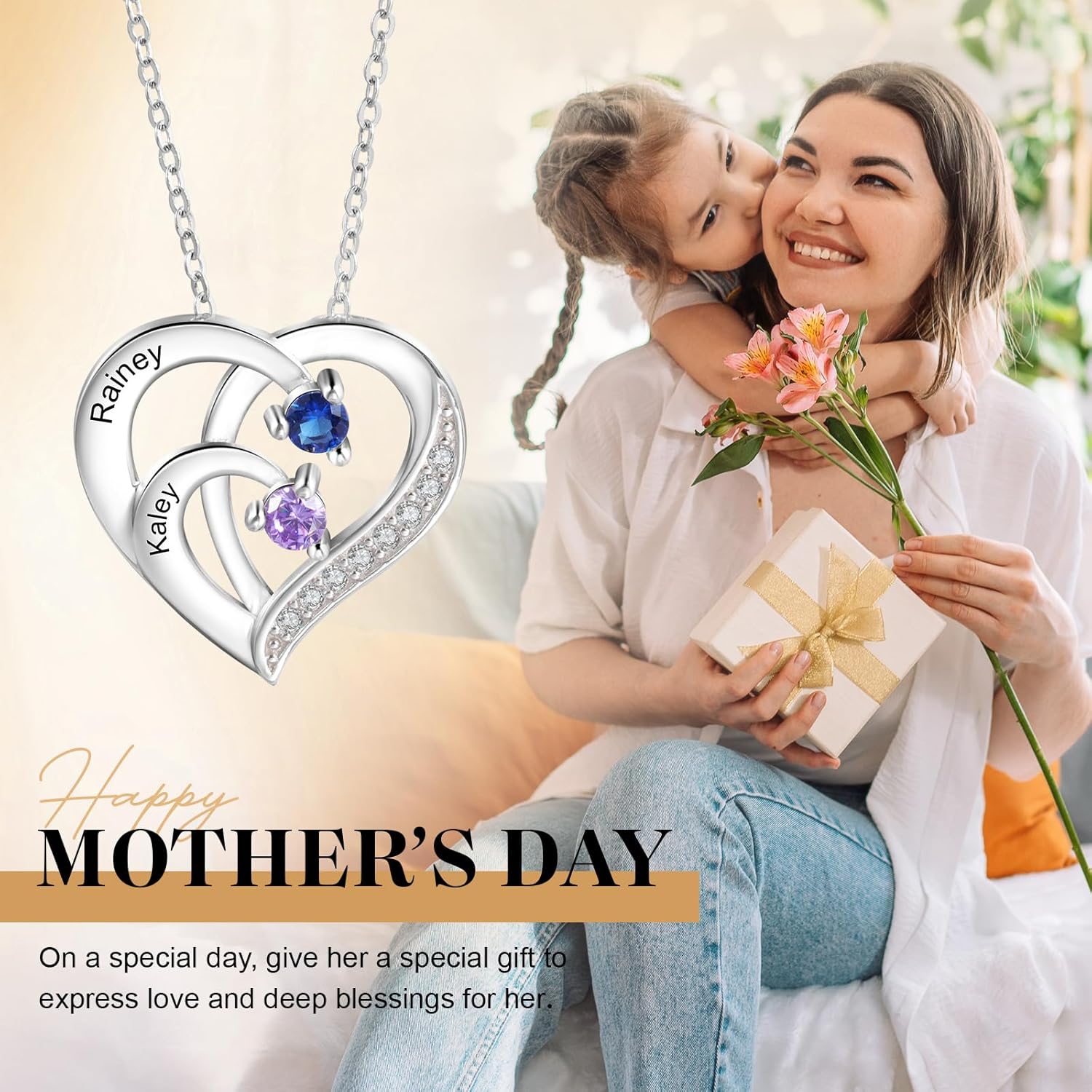 925 Sterling Silver Personalized Birthstone Necklace for Women - Custom Engraved Heart Pendant with 2~6 Names & Birthstones, Mothers Day Necklace, Gift for Mom, Wife, Grandma, and Her - Image 4