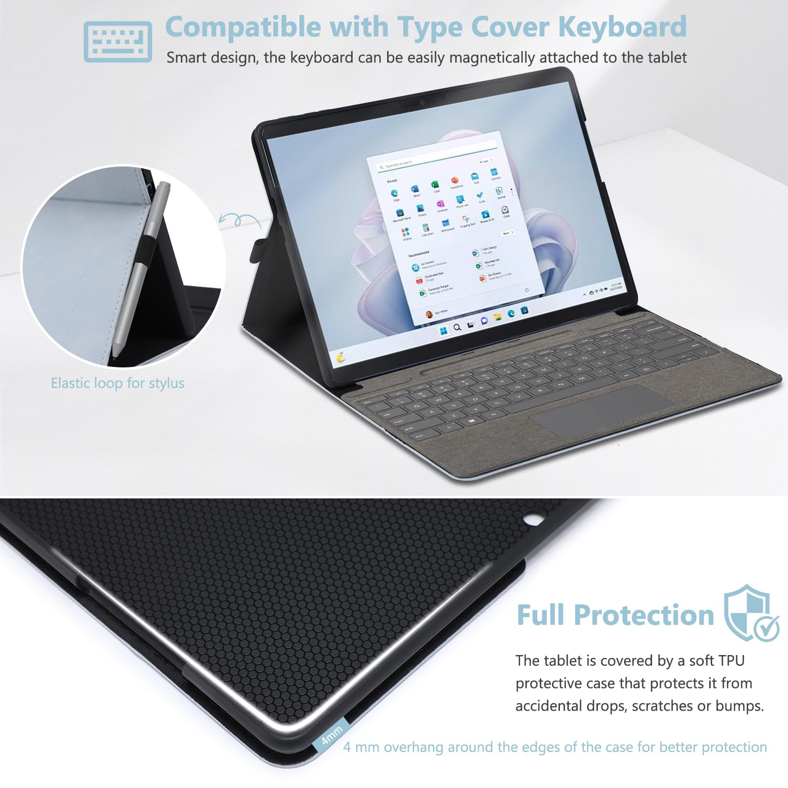 HYZUO Case Hoes voor 2024 Surface Pro 11, Surface Pro 10, Surface Pro 9 2022, Foliostand met Meerdere Hoeken en Stylushouder, Compatibel met Type Cover Toetsenbord, met Zakje, Olijf Groen