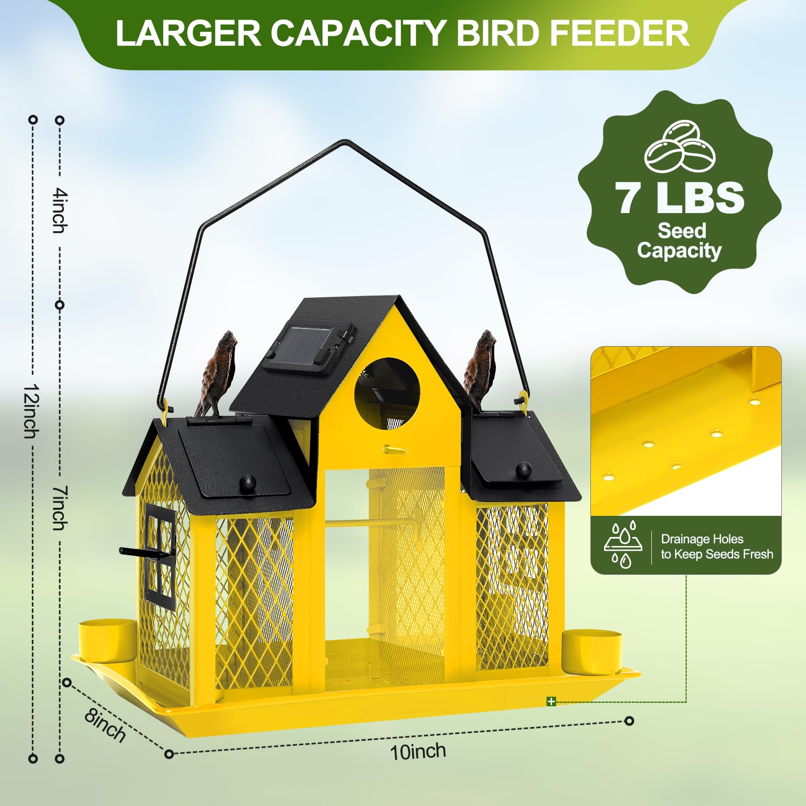 Condition photo showing New/Like New for solar bird feeders house for outdoors hanging, 7lbs large capacity metal wild bird feeder squirrel proof for outside with water cup, cardinal birdfeeder birdhouses gift for bird lovers (yellow)