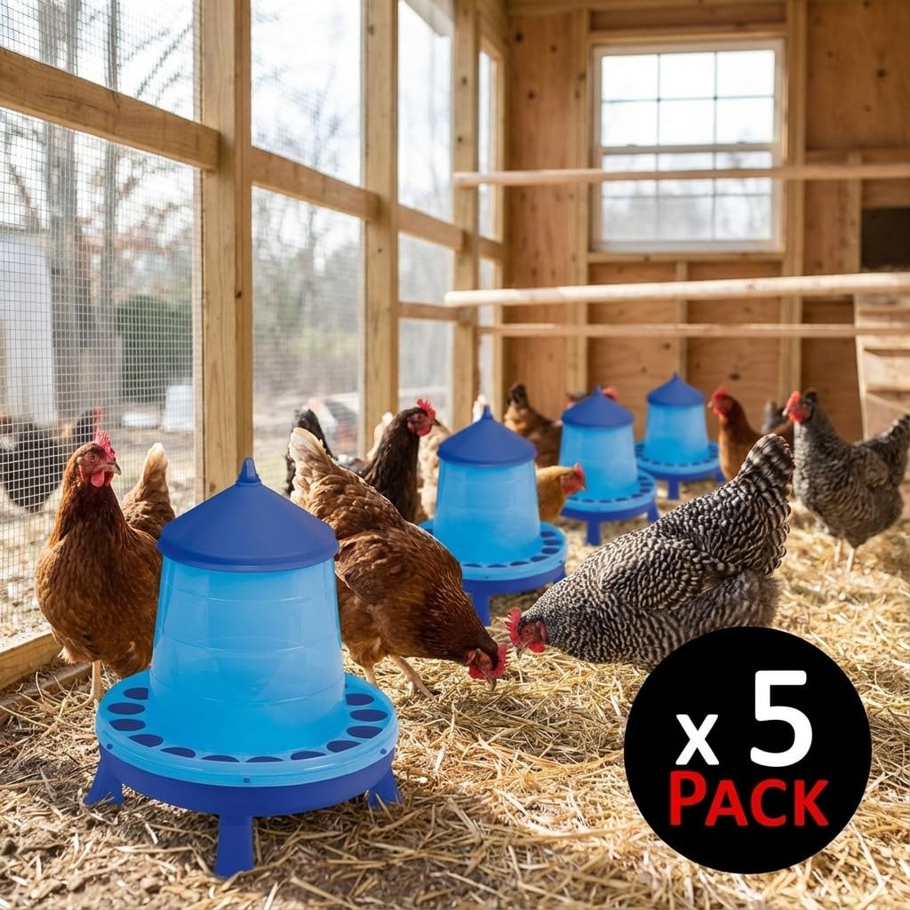 Suinga Pack 5 Tolva Comedero con Patas para Aves y Gallinas | Capacidad 4 kg | 30x30x50 cm | Plástico Resistente | Color Azul
