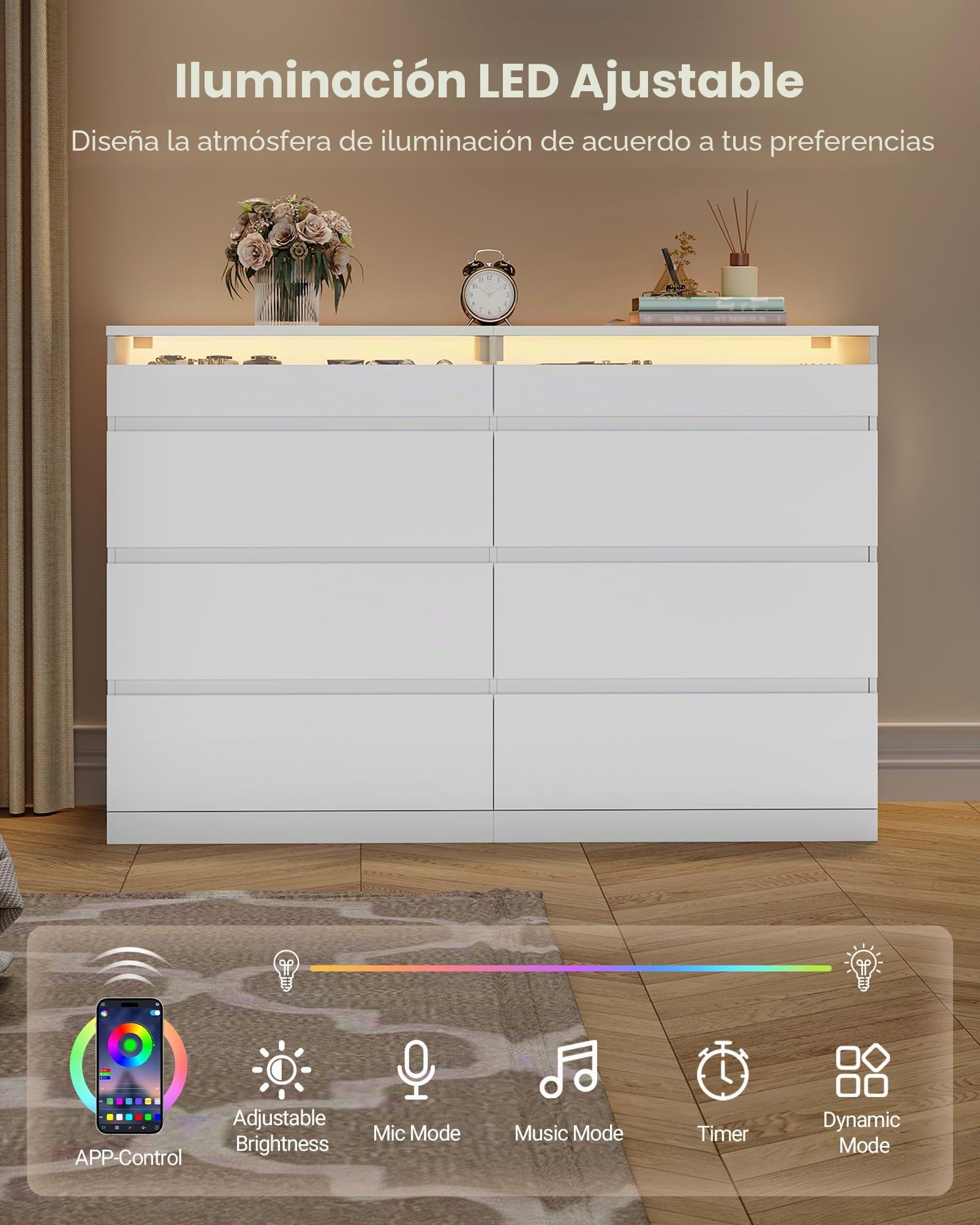 Hzuaner Cómoda Equipada con LED, Cómoda para Dormitorio con Encimera de Vidrio, Mueble Moderno para TV de Salón, 8 Cajones, Adecuado para Pasillo, Sala, Recibidor 40 x 120 x 80 cm Blanco 1212003XEU