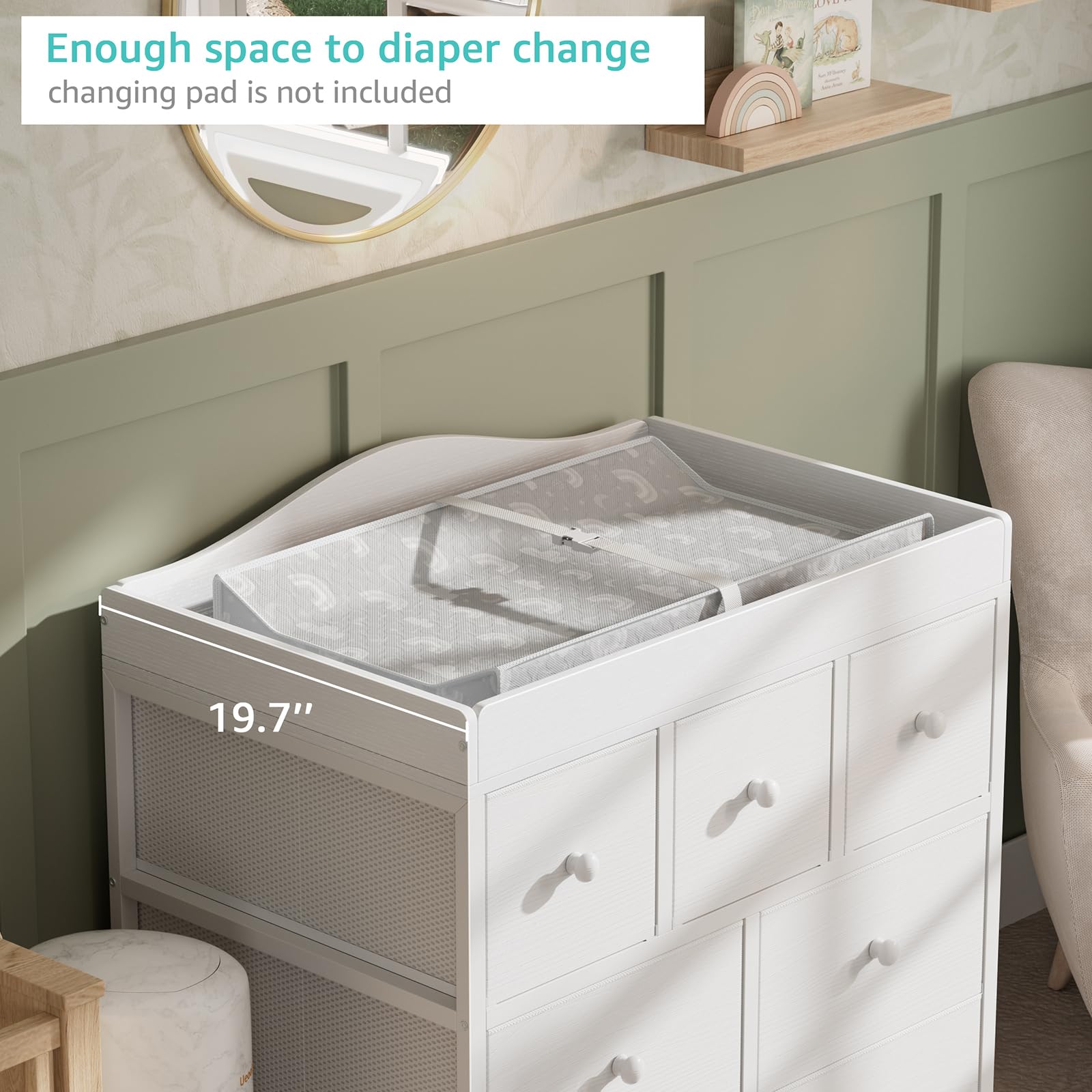 BOLUO Changing Table Dresser with 7 Fabric Drawers, Baby Dresser with Changing Table Top Diaper Changing Station with Storage for Nursery Modern