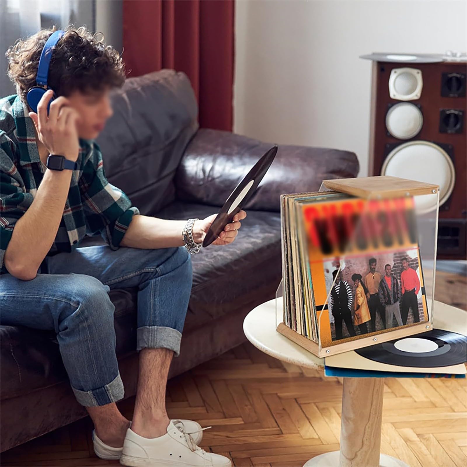 Stojak do przechowywania płyt winylowych, mieści ponad 40 płyt LP, przezroczysty wyświetlacz 360°, do nagrań, czasopism, książek, albumów i plików, stylowe rozwiązanie do dekoracji domu