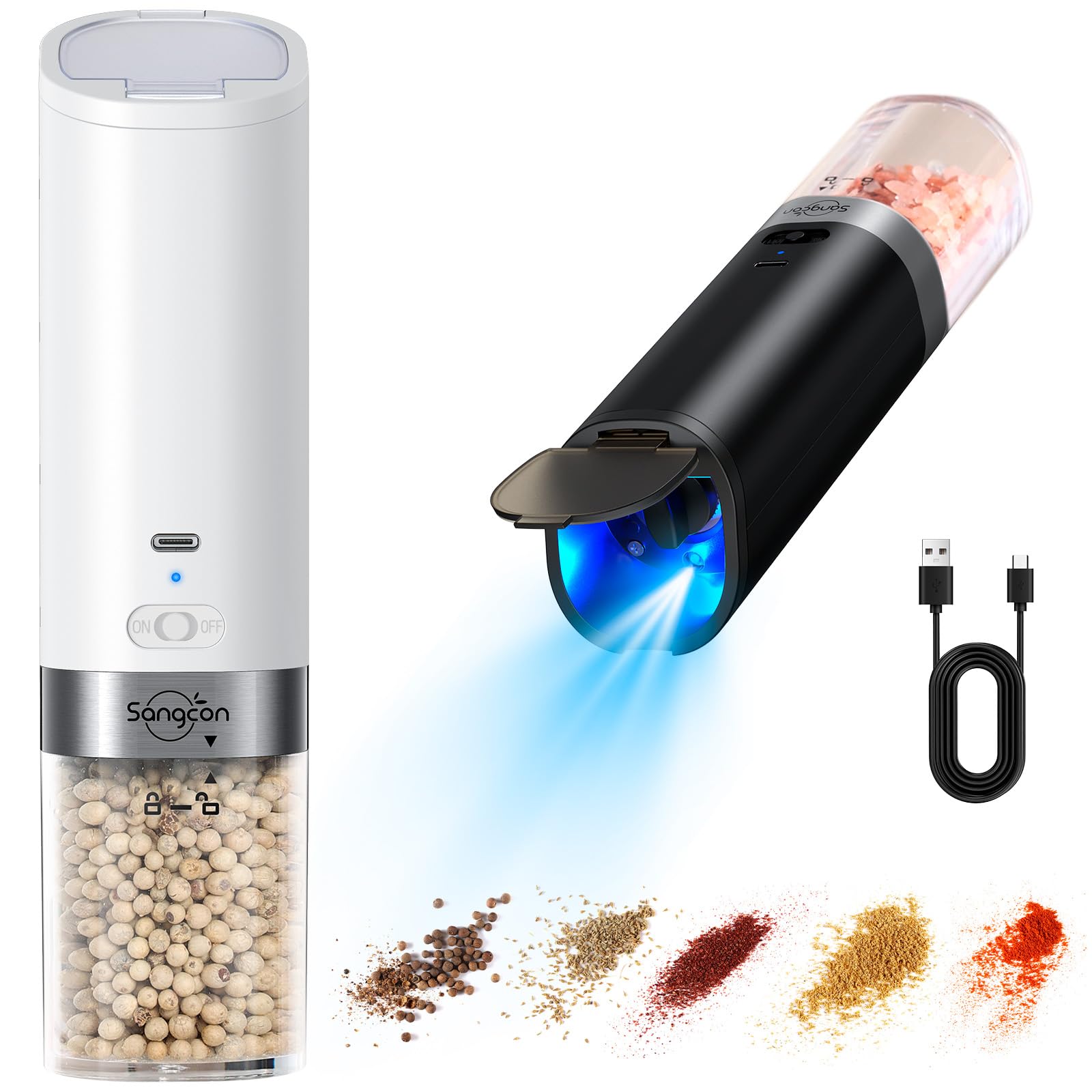 Sangcon Electric Salt & Pepper Grinder Set – USB-C Rechargeable, Adjustable Coarseness, LED Light, 184g Capacity