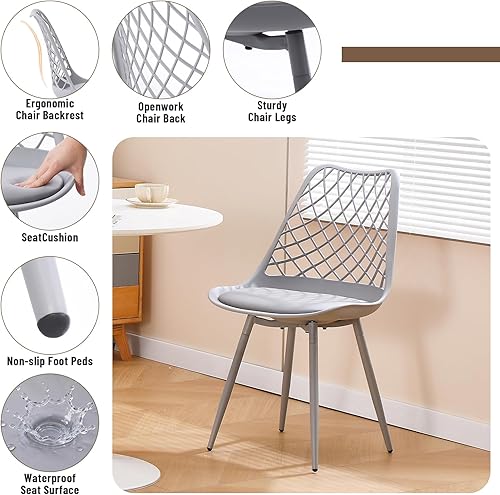 Miniatura 4 de Juego de 4 sillas de comedor de plástico de mediados de siglo, sillas acolchadas de tulipán para cocina, sala de estar, diseño de malla, silla