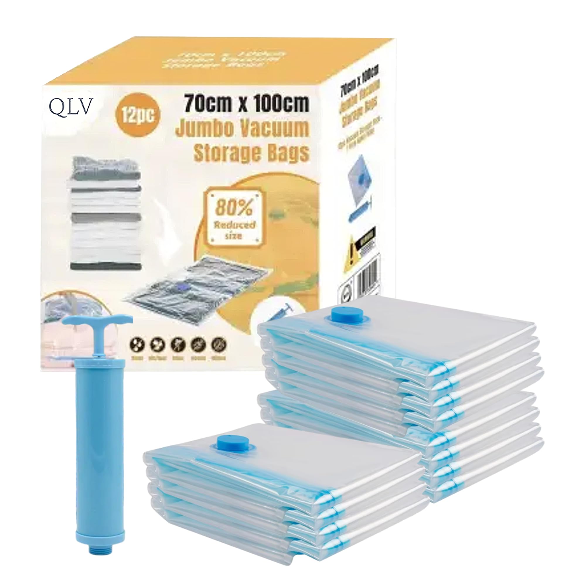 Qlv Vacuum Storage Bags For Clothes (12 Pack, 70X100cm) | Jumbo Vacuum Compression Bags With Hand Pump | 80% Space Saver, Waterproof, Reusable Travel Storage Solution For Bedding, Blankets, Pillows