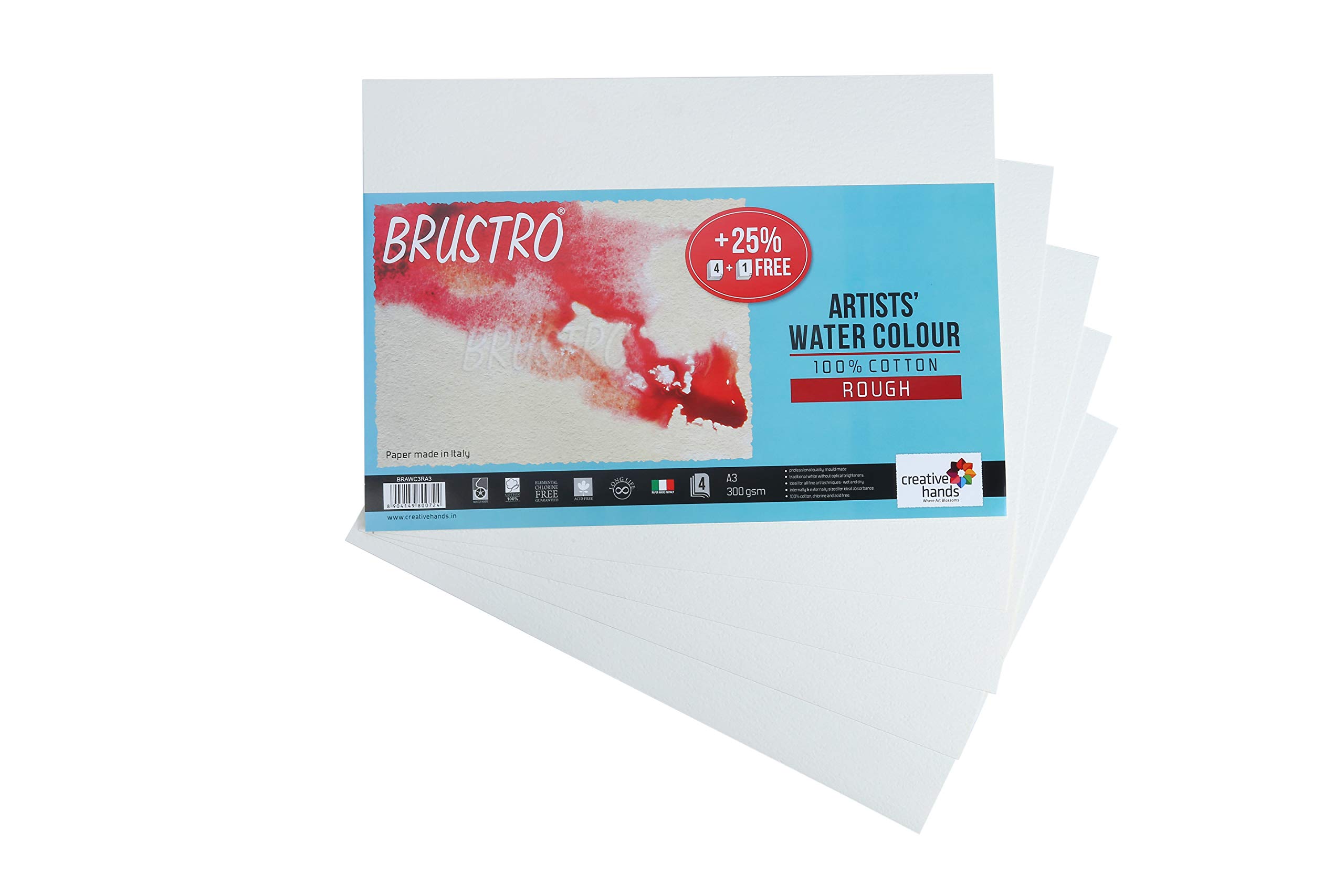 Brustro 100% Cotton Artists Watercolour Paper 300 GSM Rough A3 (Pack of 4+1 Free)
