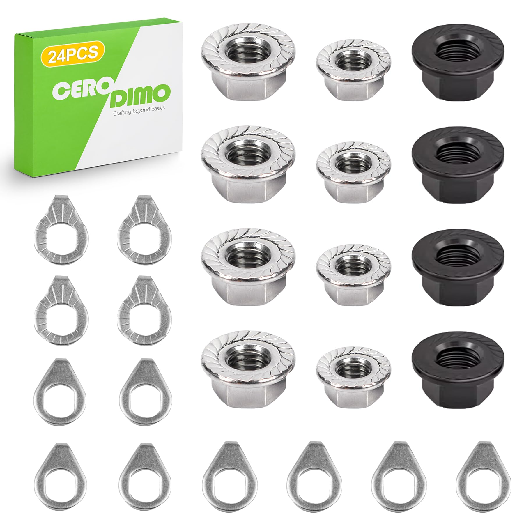 24PCS Bike Axle Nut and Safety Washer Kit, M8 M9.5 M10 Bicycle Replacement Parts for Front and Rear Wheels, Fits Mountain and Road Bikes