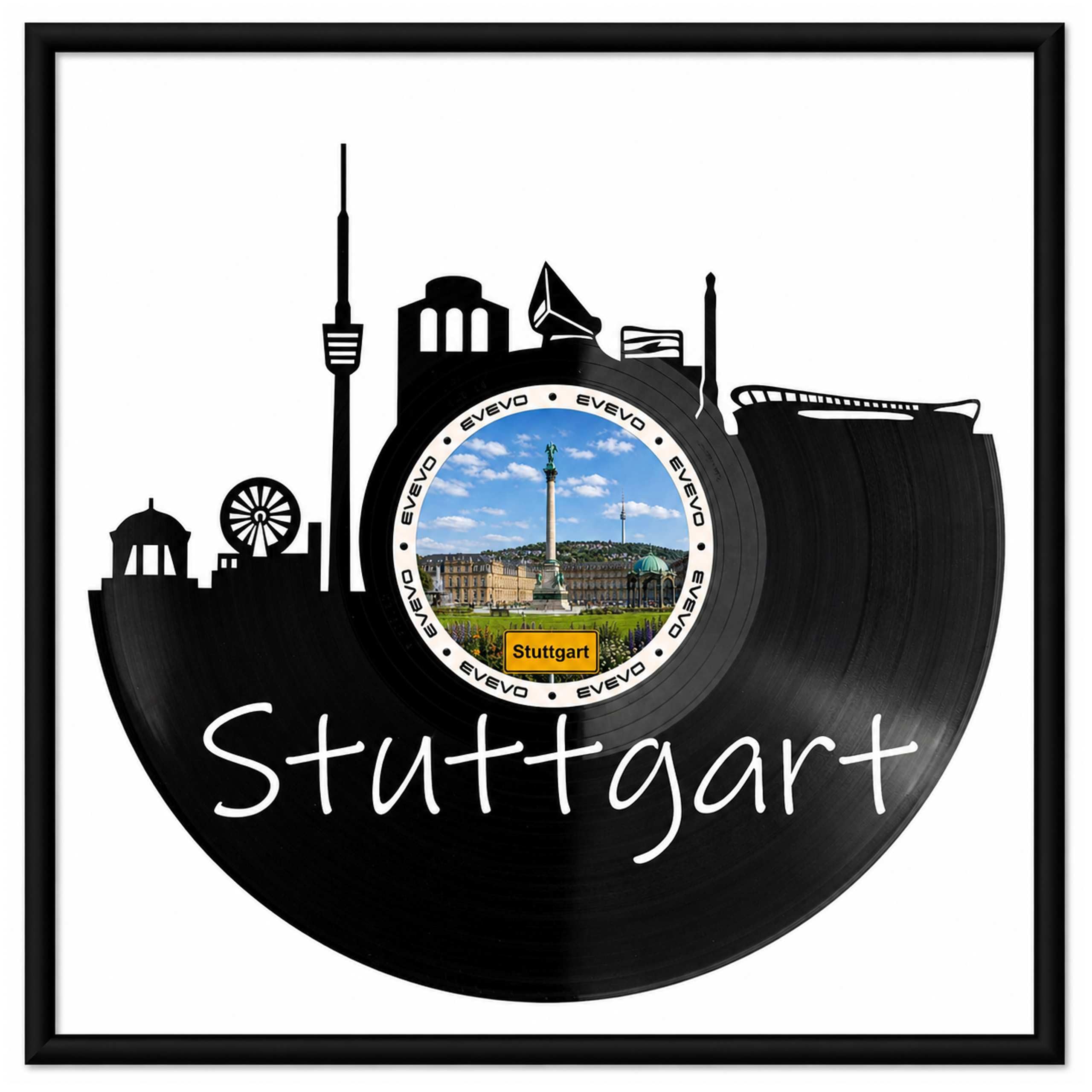 EVEVO Decorazione da parete a forma di disco in vinile, con cornice, 32 x 32 cm, Stoccarda, arte da parete in vinile, con skyline metropoli, regalo per gli appassionati di Stoccarda