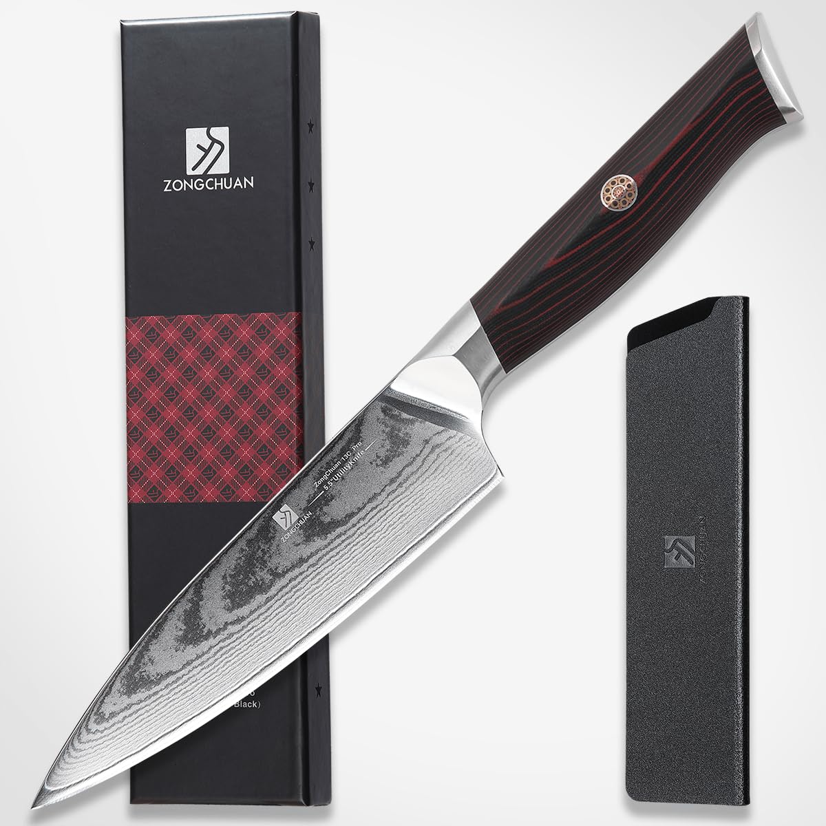 Utility Knife,5.5inch Damascus knife,67-Layer High Carbon Stainless Steel Kitchen Knife,Professiona Sharp Cutting Knives with Ergonomic Red G10 Handle,Gift Box for Home and Kitchen Birthday Gift