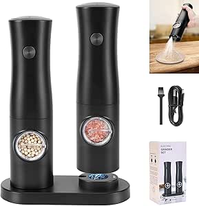 WADEO Juego de 2 Molinillo Eléctrico de Pimienta y Sal, con Base Recargable, Molinillo de Sal y Pimienta con Luz LED y Grosor Ajustable, Molinillo de Especias de Cerámica Recargable - Gran Regalo