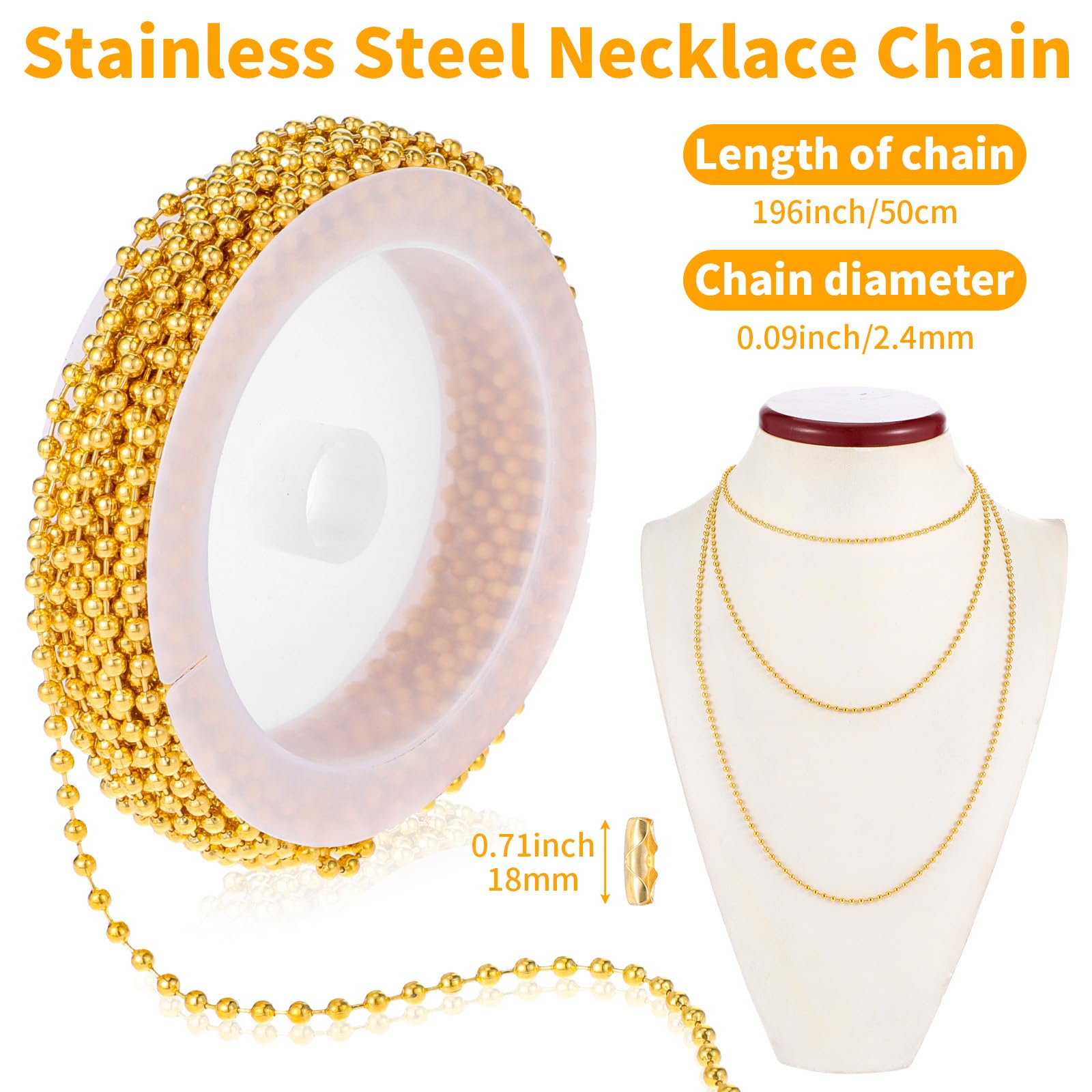 COMNICO 16.4ft Stainless Steel Ball Chain 2.4mm DIY Beaded Link Roll Jewelry Making Supplies with 20pcs Matching Connectors Clasps for Dog Tag Necklace Bracelets Keychain Craft (Gold)