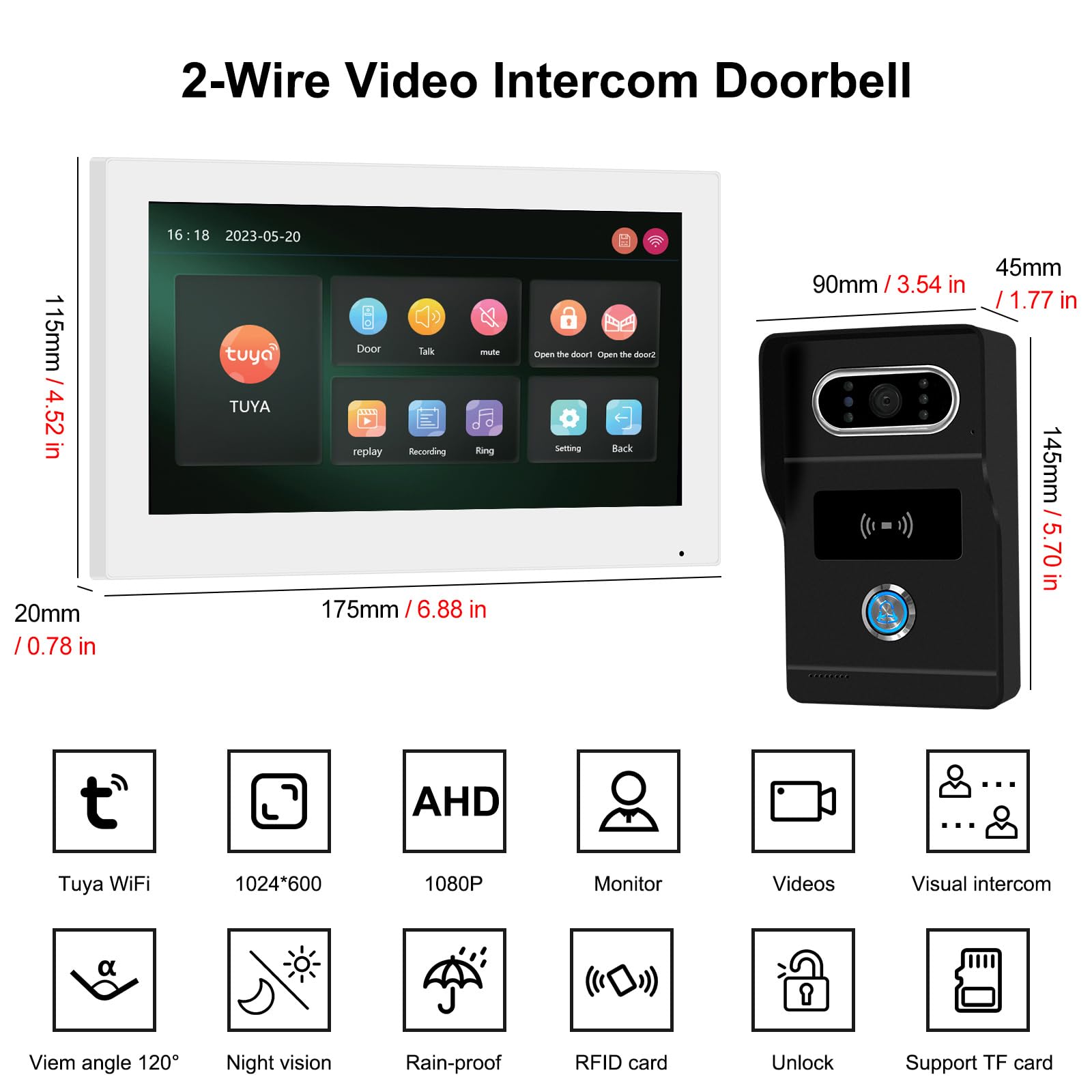 2 Cables WiFi y 1080P Sistema de Intercomunicación con Videoportero Inteligente Tuya,Desbloqueo RFID &Tuya,Visión Vocturna por Infrarrojos (Negro)