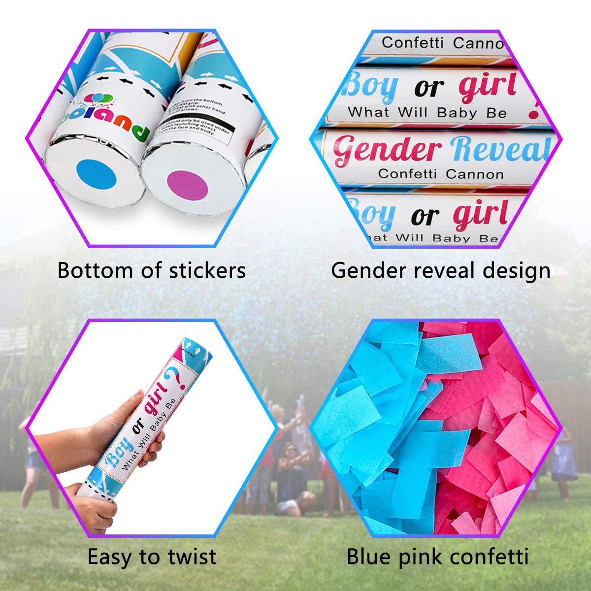 Gender Reveal Confetti Cannon Poppers 2 Pink and 2 Blue Boy or Girl 12