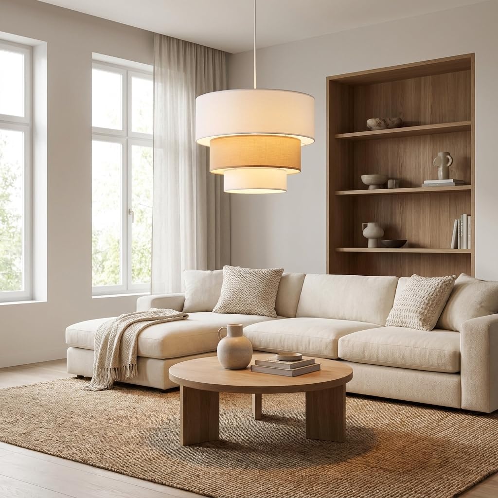 Alpinaluz Lámpara Colgante Textil Blanco y Beige de Tres Niveles Ø38 cm – Pantalla de Tela con Estructura de Acero, Casquillo E27, Iluminación Decorativa Moderna para Salón, Dormitorio, Comedor