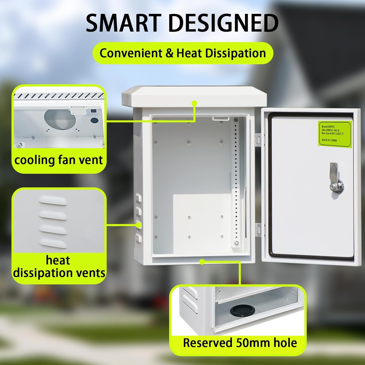 Metal Outdoor Enclosure with Rain Hood Electrical Box Weatherproof WiFi/Network Enclosure Breaker Box with Fan-Vent Design Cable Project Cabinet with Mounting Track Hole in Back 12X16X10
