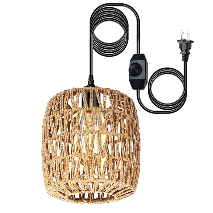 Buy Farmhouse Plug in Pendant Light with Dimmer Switch,Wicker Hanging