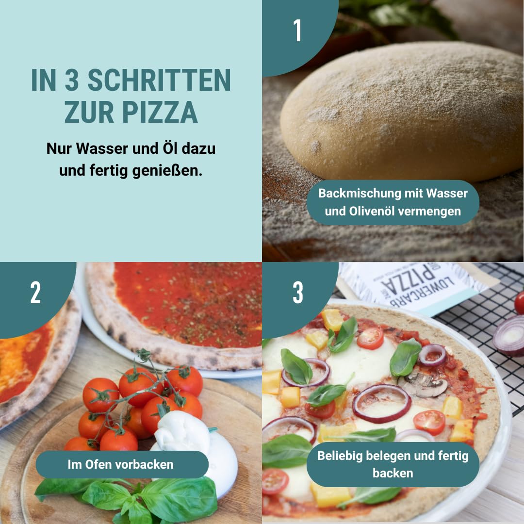 Mezcla de pizza baja en carbohidratos para 2 bases de pizza o 1 molde | 90% menos de carbohidratos | Sin gluten, 29 g de proteína vegana, con harina de almendras, cáscaras de psyllium y linaza, cetog