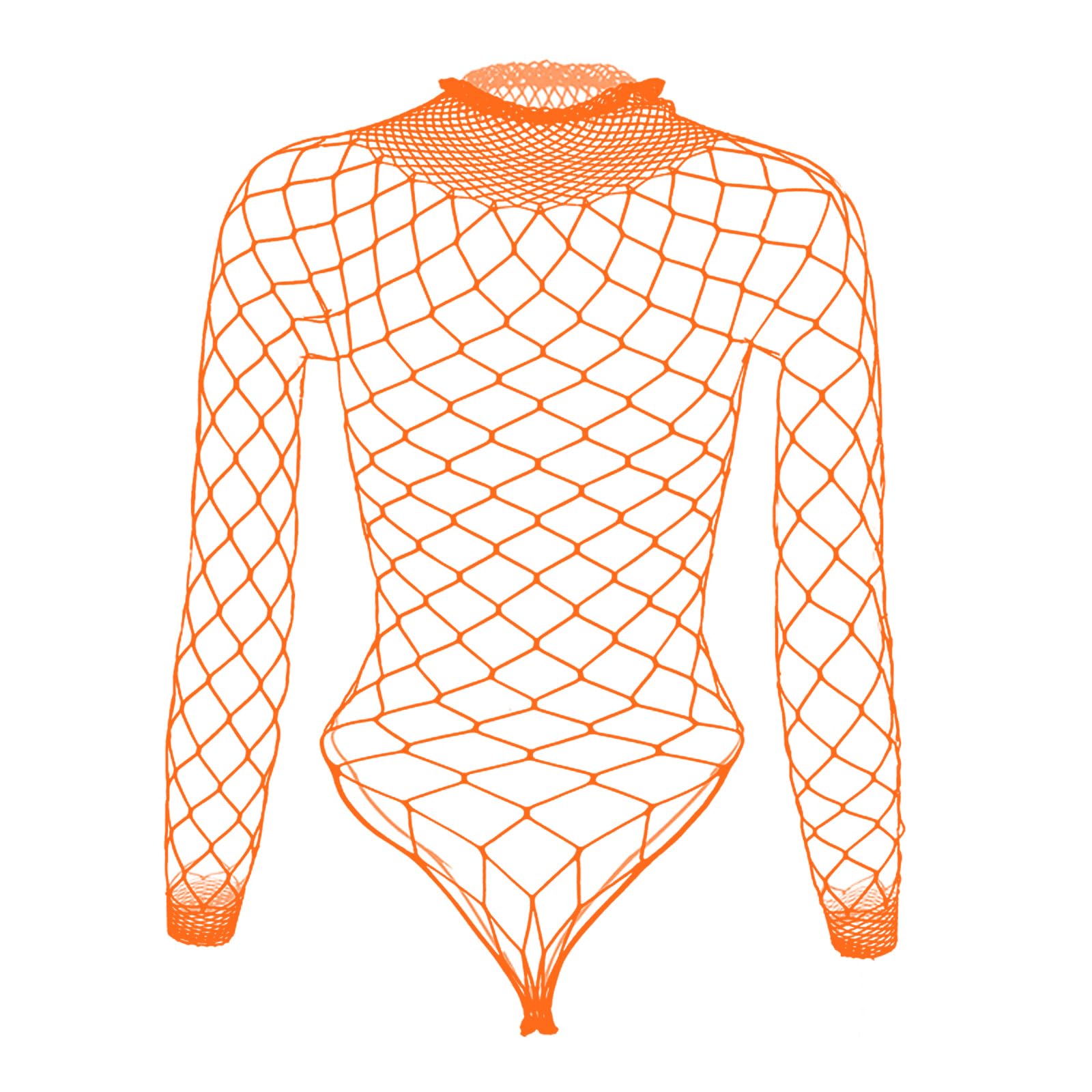 Tosmifairy Fishnet Bodysuit Top for Women Stretch One Piece Long Sleeve Mesh Rave Romper Body Suit: Fluorescent Orange