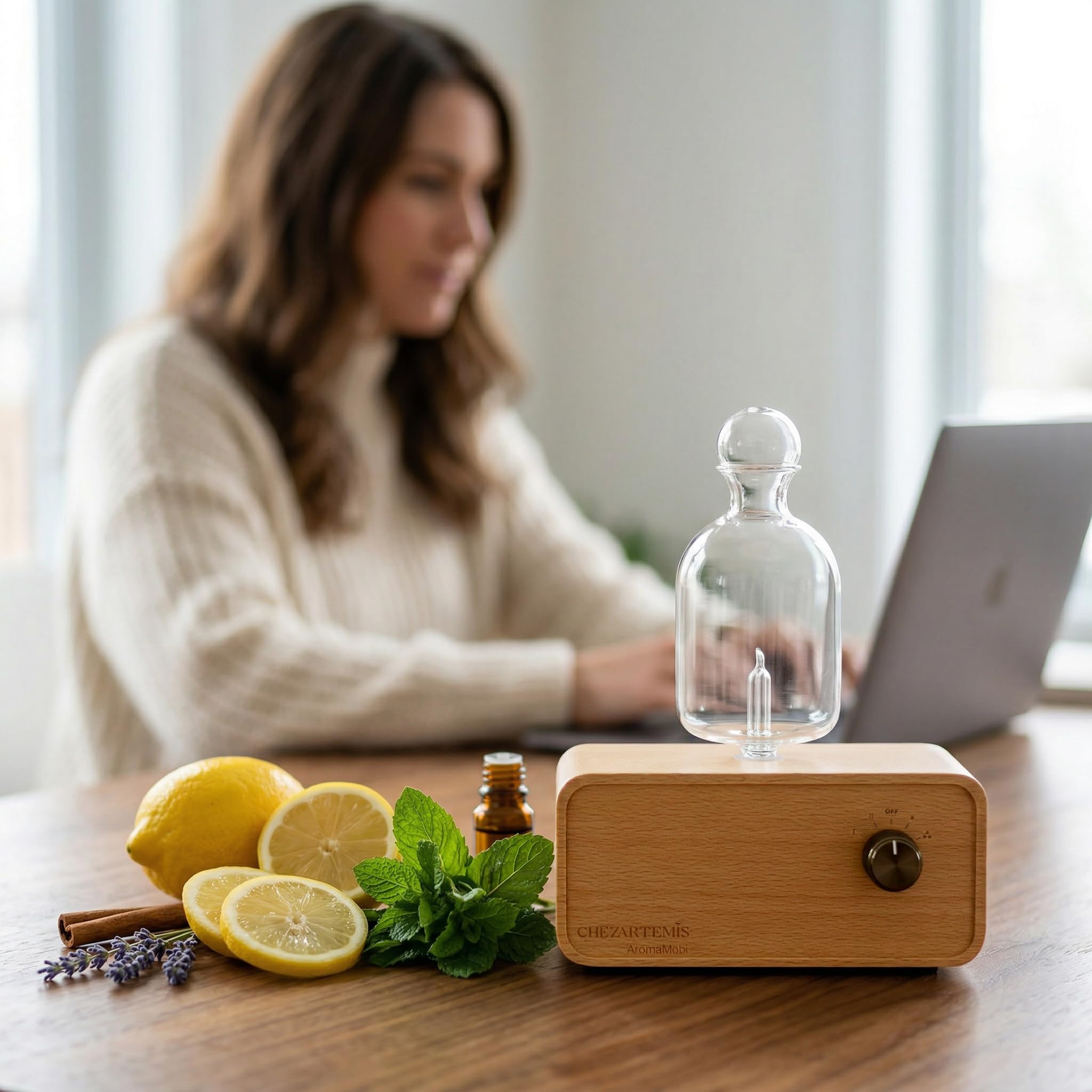 Aria Difusor de Aceites Esenciales Sin Agua, Nebulizador de Aromaterapia en Vidrio y Madera, Difusor de Aromas Inalámbrico para Hogar y Salón, Batería Recargable, Diseño Retro con Temporizador & LED