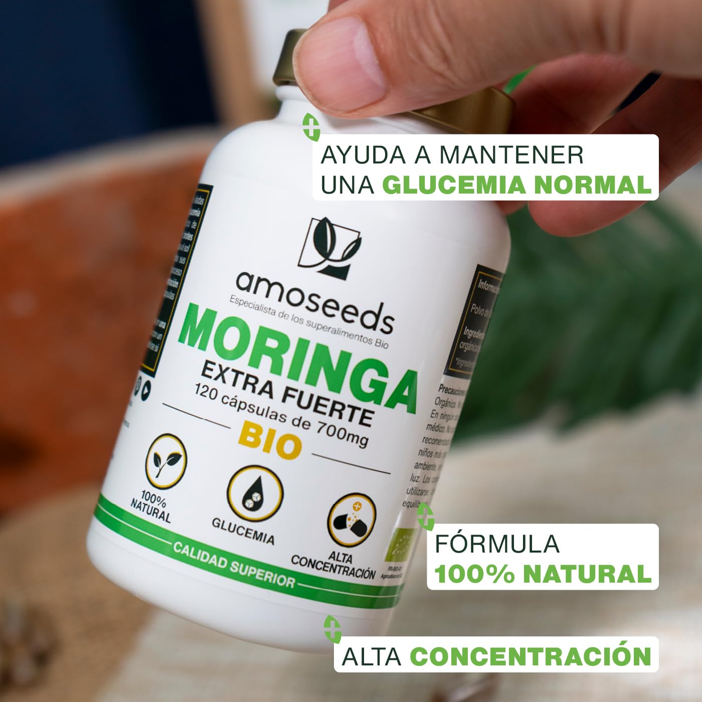 Moringa Oleifera BIO | Extra Forte | Azúcar en sangre | 100% Natural y Puro | 120 cápsulas veganas de 700mg | Primera Calidad