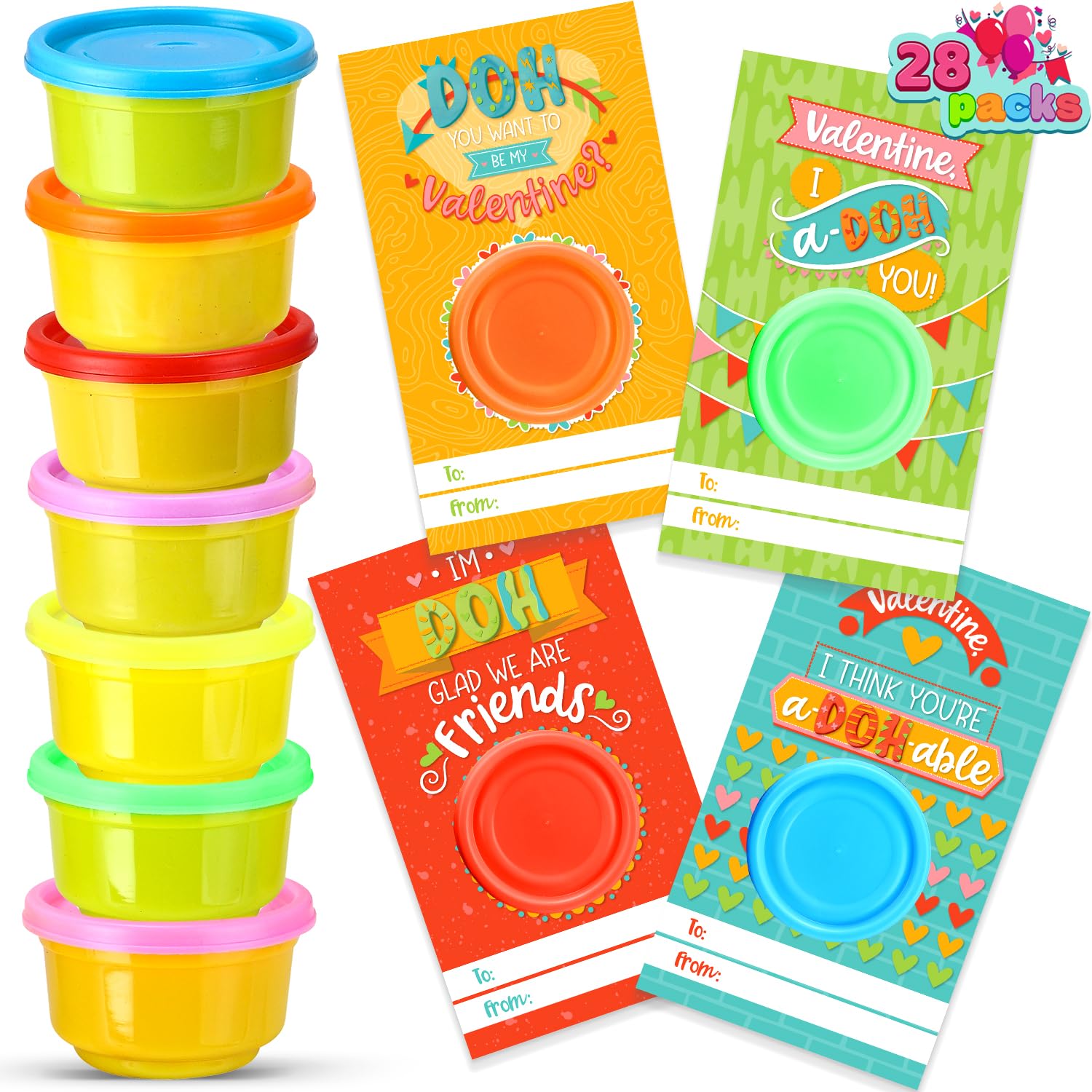 JOYIN 28 Pcs Valentines Day Gift Cards with Colorful Playing Dough for Kids Valentine Party Favors, Valentine's Classroom Exchange