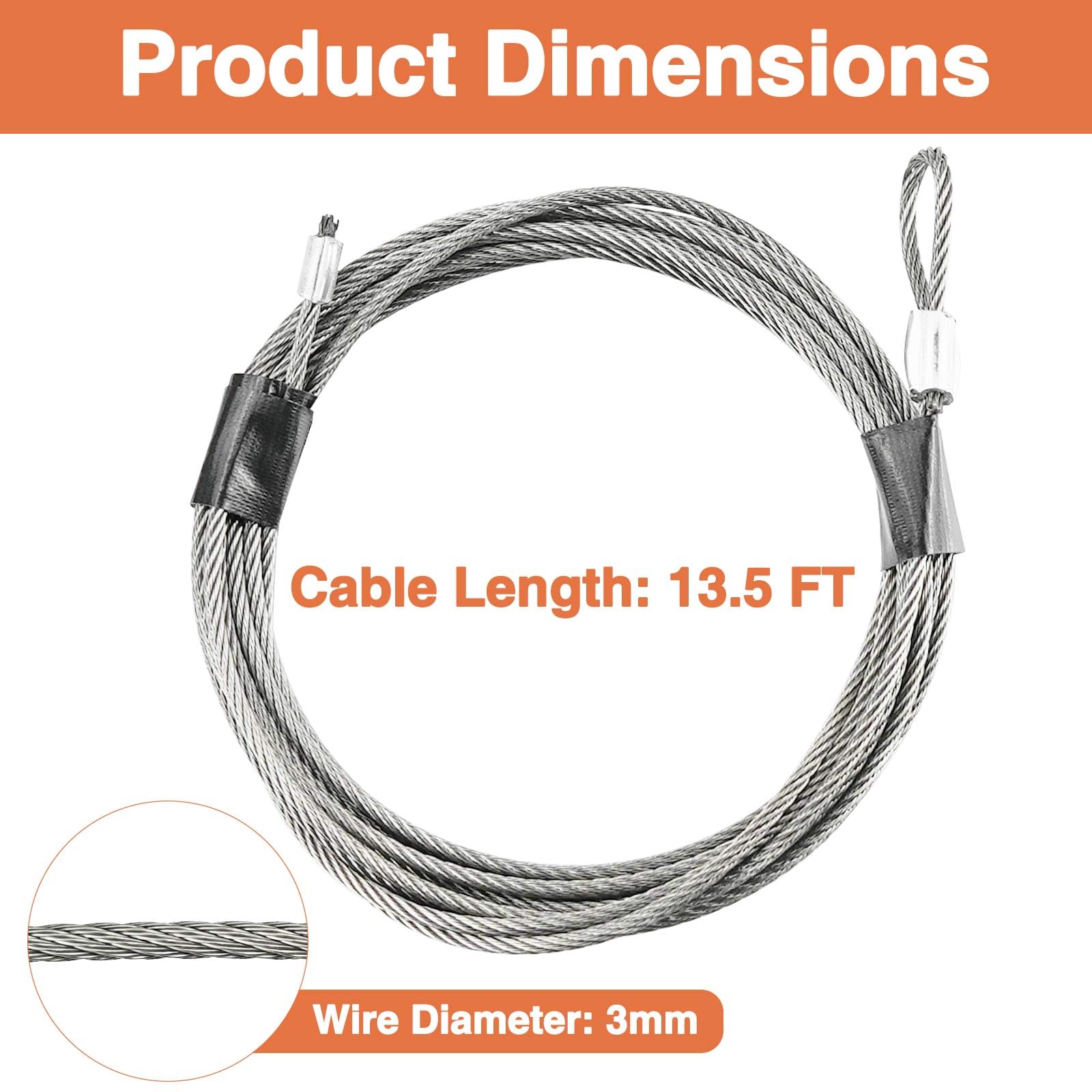 Paquete de 2 cables de puerta de garaje con resorte de torsión de 13.5 pies para puerta de garaje de 12 pies de alto, 13 pies y 6 pulgadas de largo, alambre de seguridad de acero inoxidable 304