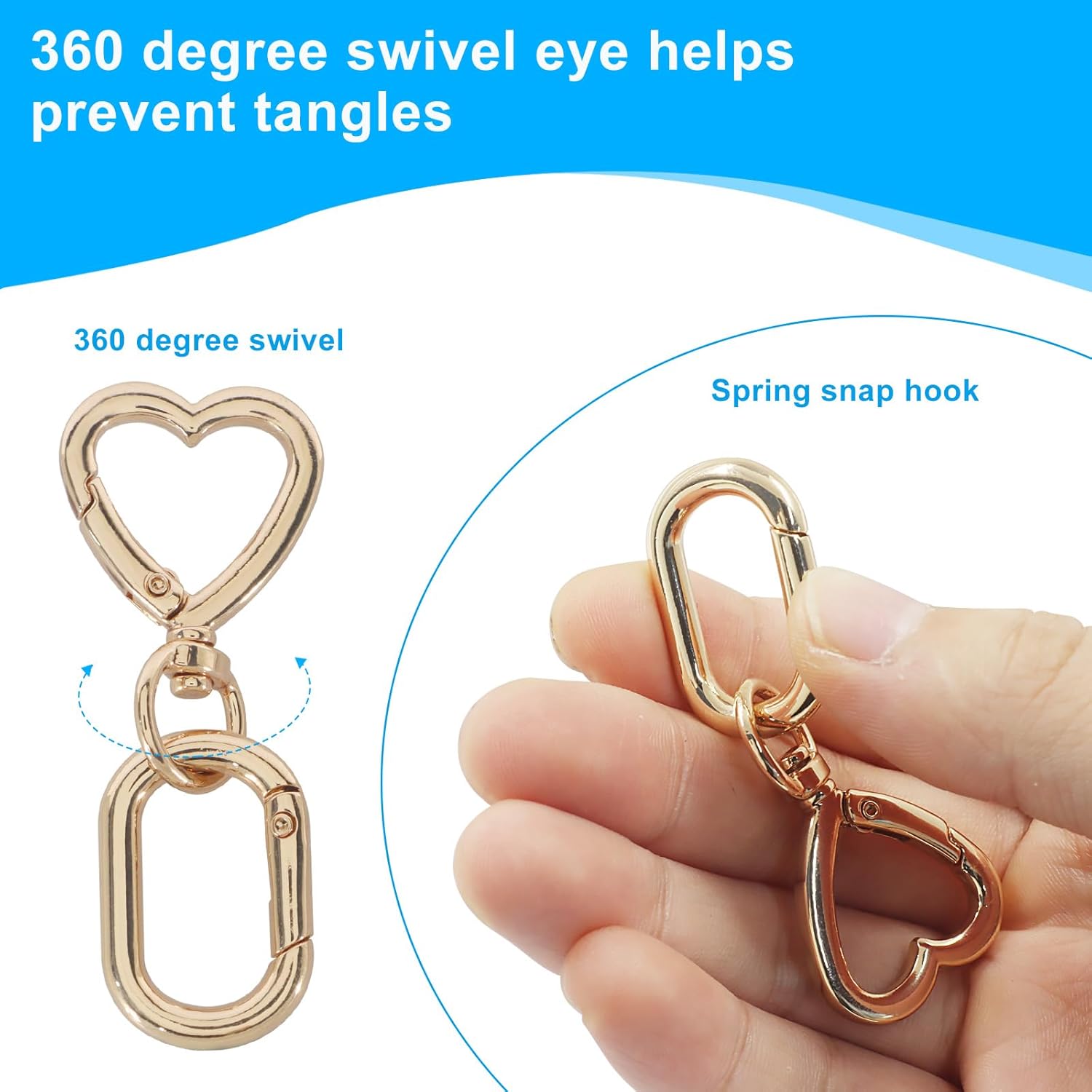 2Pcs Metal Swivel Spring Clasps, Double Opening Swivel Clasp Clips, Heart Key Chain Hook for Craft Making, DIY Crafts (Gold) - Image 5
