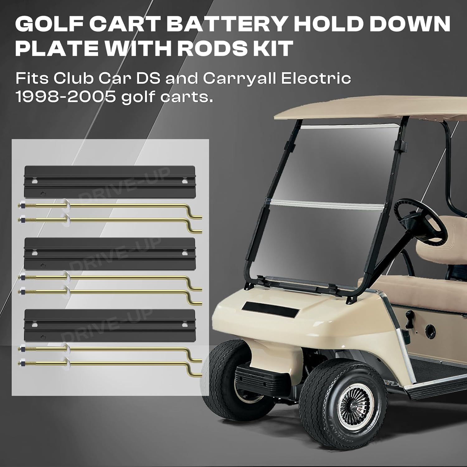 DRIVE UP Golf Cart Battery Hold Down Plate with Rods Kit for Club Car DS and Carryall 1998-2005 Electric Golf Carts, OEM 101090801 1013683